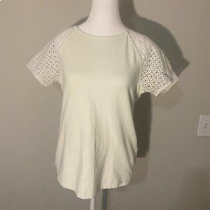 J Crew White Short Sleeve Shirt with Crochet Sleeves - Size Small
